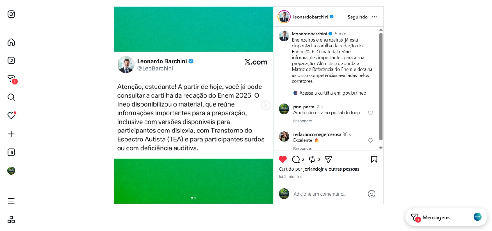Ministro divulga Cartilha da Redação do Enem - Reprodução: Instagram